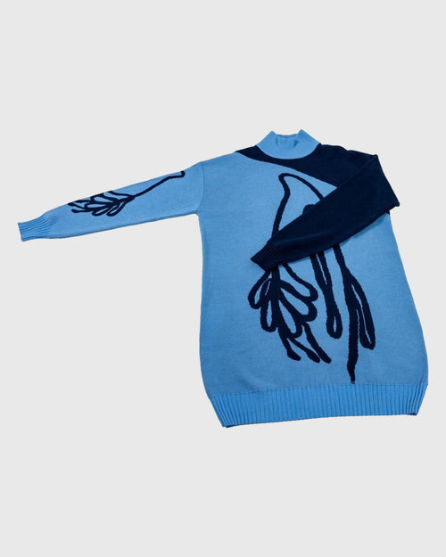 Abstract Art Color-Block Sweater - Dual Blue Tone