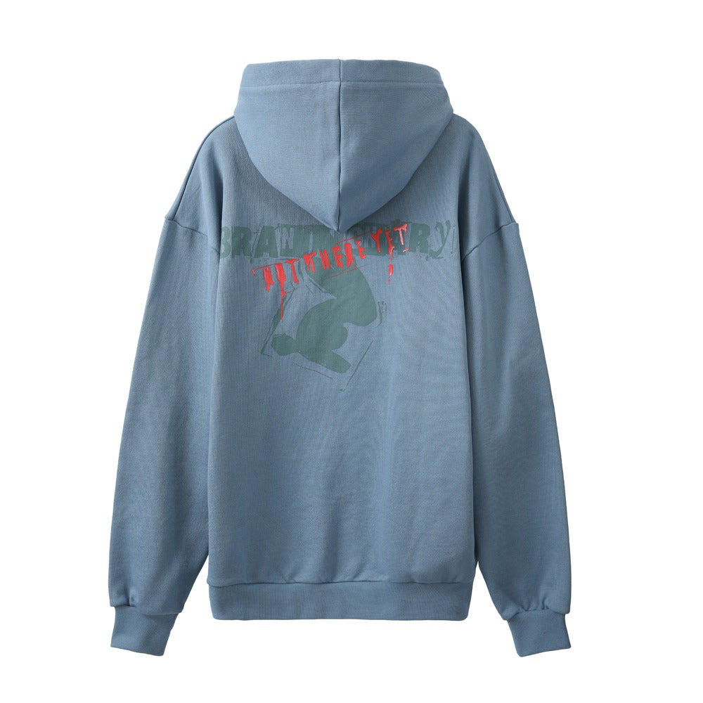 هودي أزرق مطبوع "Not Here Yet" مع غطاء رأس