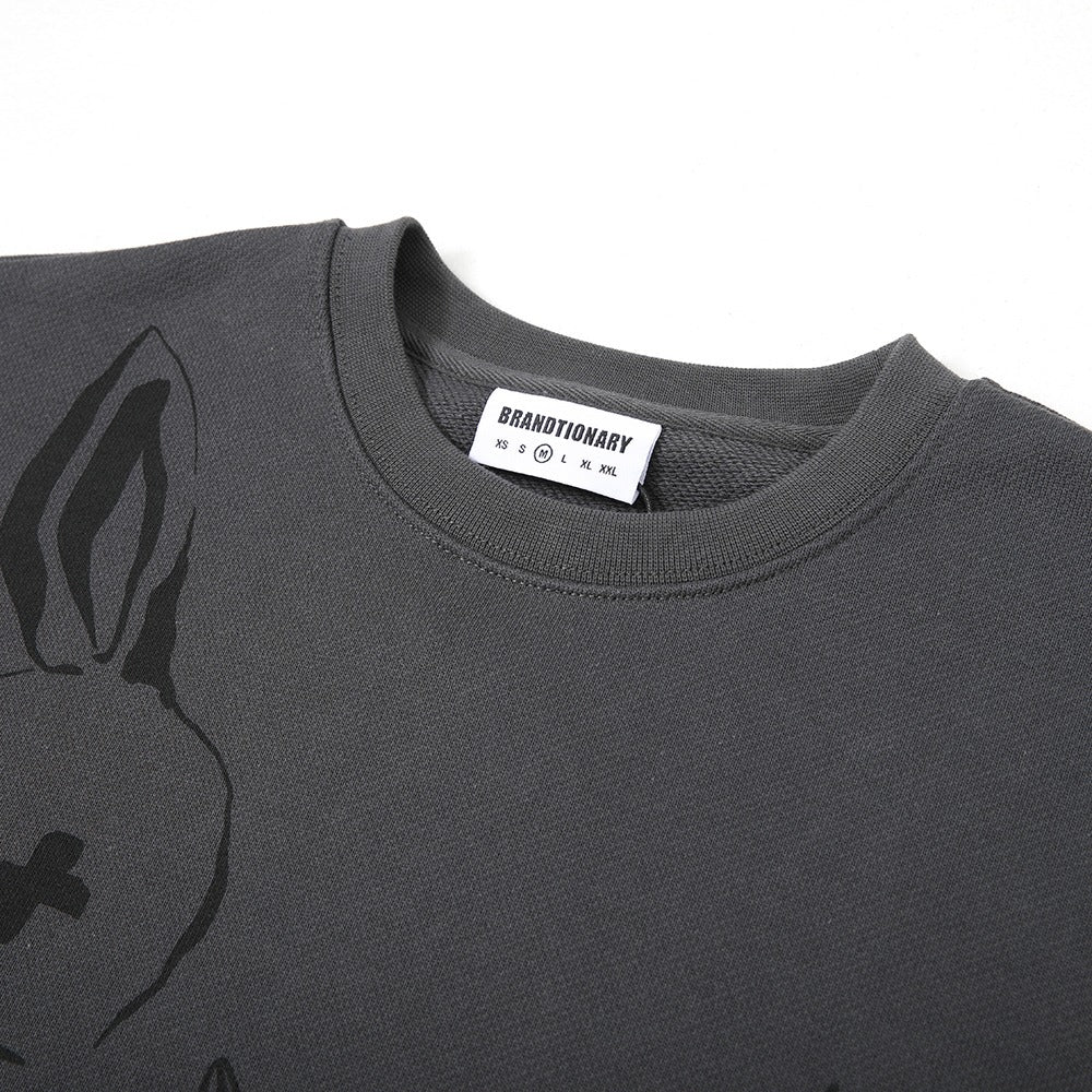 هودي مطبوع أرنب بياقة مستديرة - رمادي